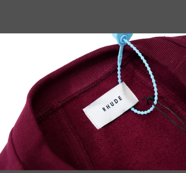 RHUDE slogan logo embroidered retro round neck fleece hoodie light coffee wash black jujube red S-XL