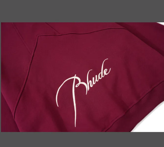 RHUDE slogan logo embroidered retro round neck fleece hoodie light coffee wash black jujube red S-XL