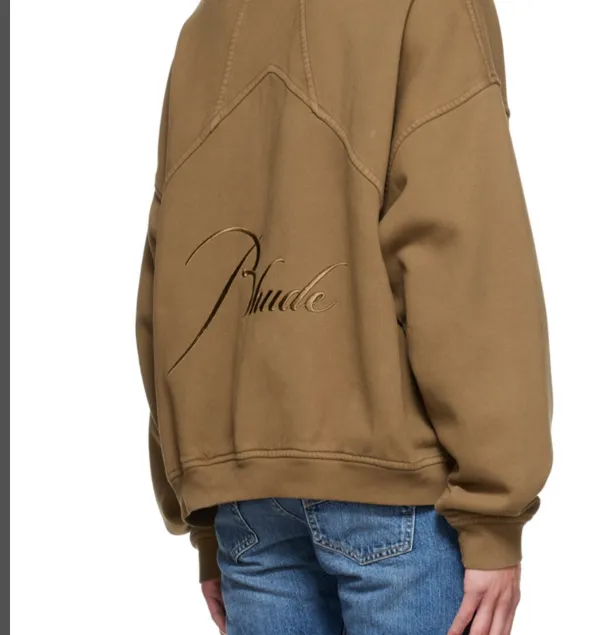 RHUDE slogan logo embroidered retro round neck fleece hoodie light coffee wash black jujube red S-XL