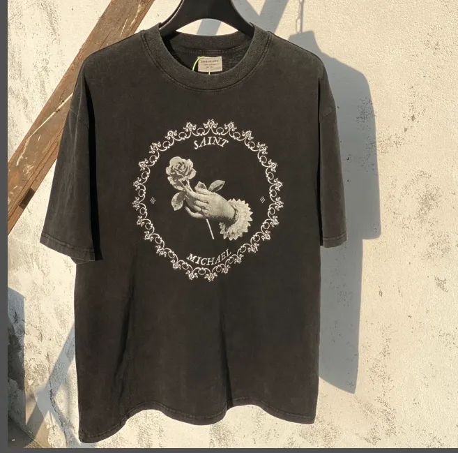 JERRY Same Style SAINT MICHAEL Handheld Rose Collaboration FOG White Dove Limited Edition High Street Retro Heavy Old Washed Vintage Short Sleeve Size: S M L XL Note: Our company has applied for art copyright for this pattern