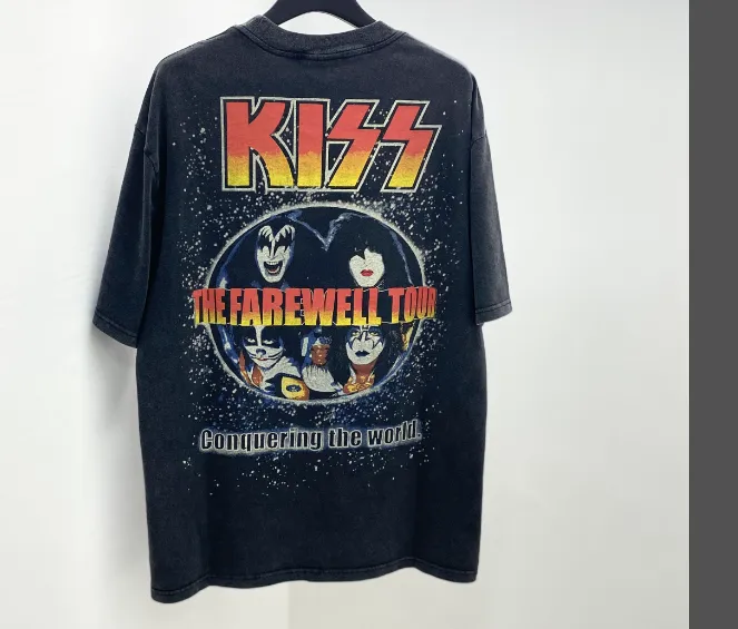 Large area white ink direct spray printing, heavy washing water for vintage texture, Kiss heavy metal rock band 