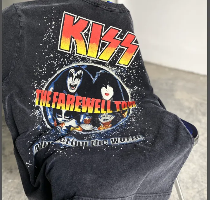 Large area white ink direct spray printing, heavy washing water for vintage texture, Kiss heavy metal rock band 