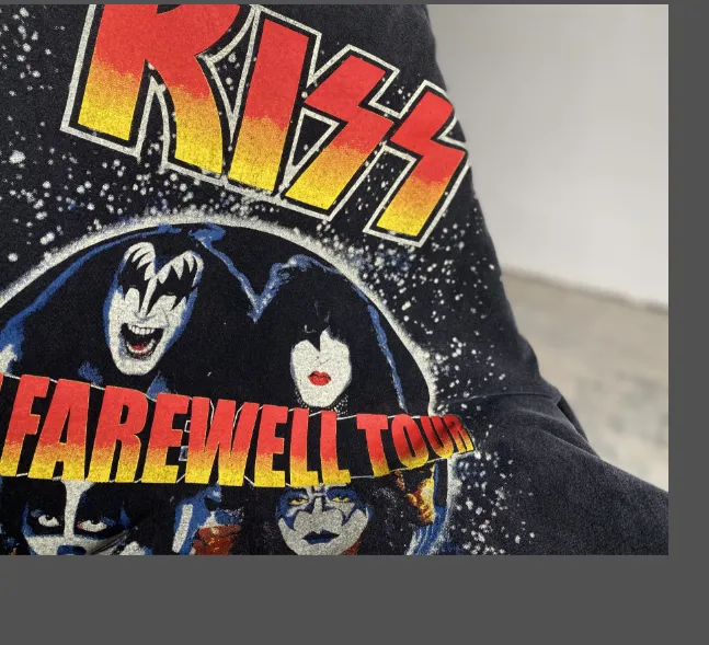 Large area white ink direct spray printing, heavy washing water for vintage texture, Kiss heavy metal rock band 