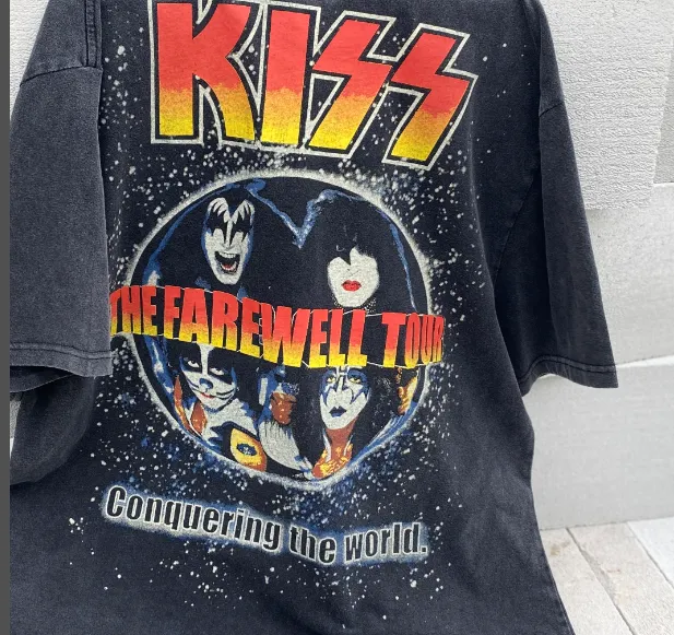 Large area white ink direct spray printing, heavy washing water for vintage texture, Kiss heavy metal rock band 