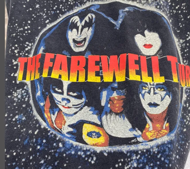 Large area white ink direct spray printing, heavy washing water for vintage texture, Kiss heavy metal rock band 