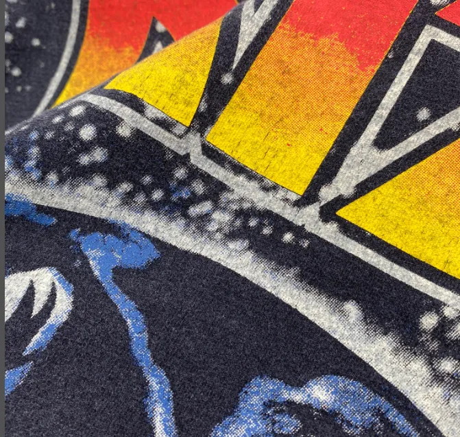 Large area white ink direct spray printing, heavy washing water for vintage texture, Kiss heavy metal rock band 