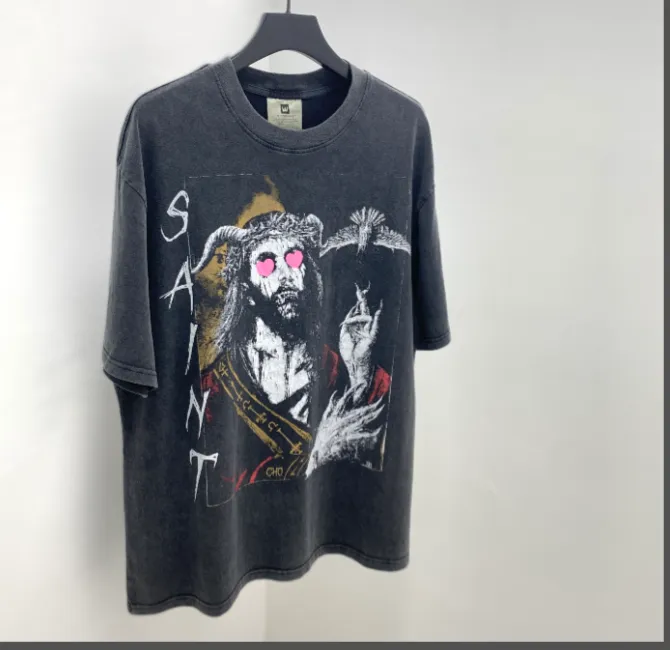 SAINT MICHAEL Joint Love Satan Limited Edition High Street Retro Heavy Old Washed Vintage Short Sleeve Size: S M L XL Note: Our company has applied for art copyright for this pattern