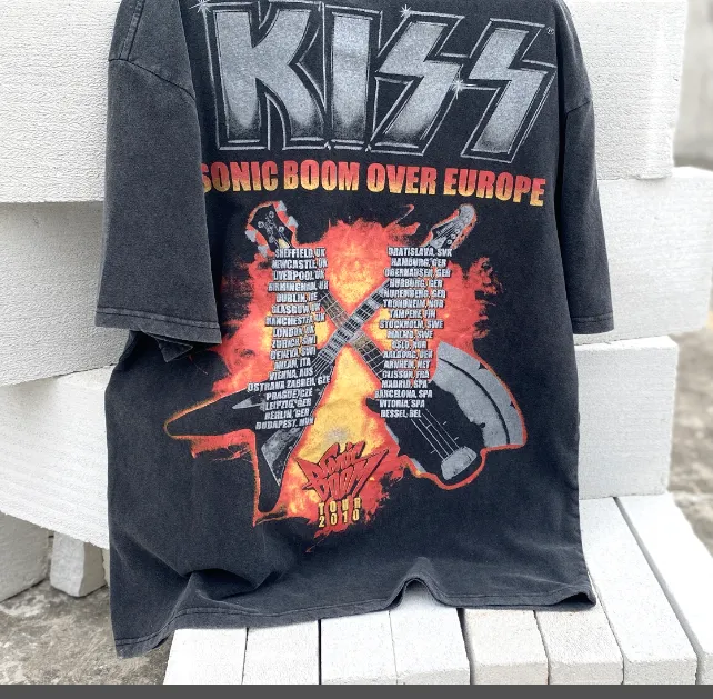 Large area white ink direct spray printing, heavy washing water for vintage texture, Kiss heavy metal rock band 