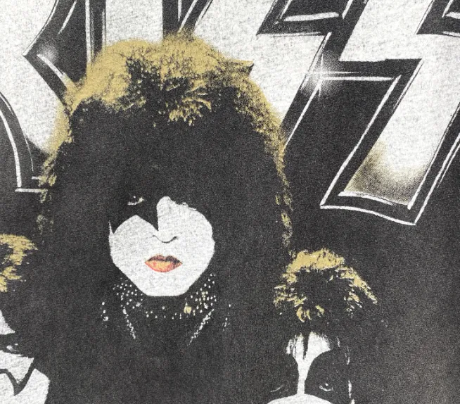 Large area white ink direct spray printing, heavy washing water for vintage texture, Kiss heavy metal rock band 