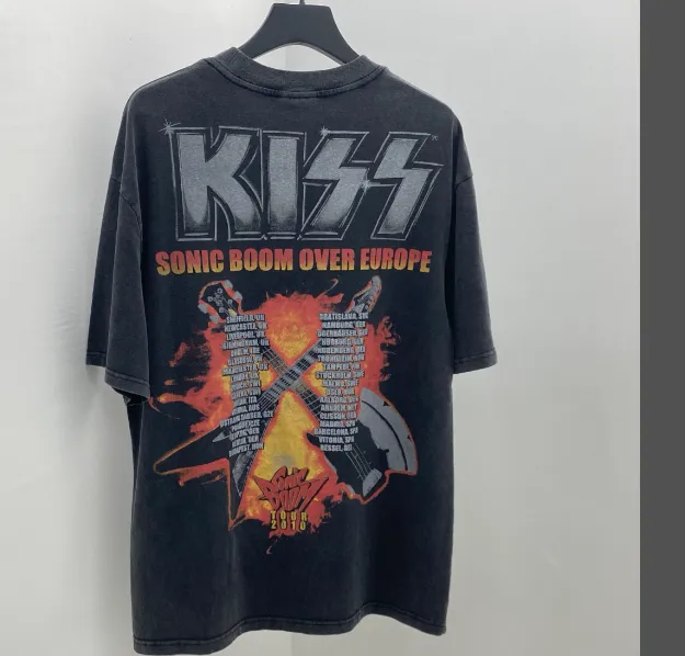 Large area white ink direct spray printing, heavy washing water for vintage texture, Kiss heavy metal rock band 