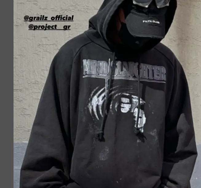 GRAILZ Soul Slaughter Portrait Print Project Autumn Winter Washed Hoodie, Aged Black, Size 1, Size 2, Size 3