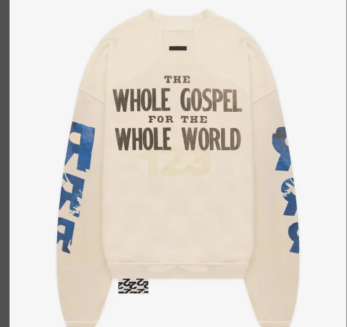 R1243 JERRY Same Style FEAR OF GOD x RRR123 Cross Religious Theme Letter Printed Round Neck Velvet Sweatshirt in Apricot 1 Size 2 Size 3