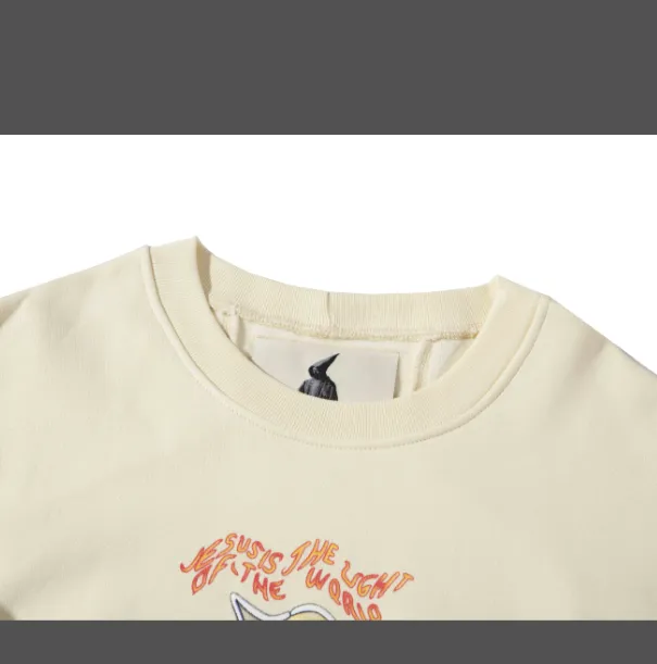 R1243 JERRY Same Style FEAR OF GOD x RRR123 Cross Religious Theme Letter Printed Round Neck Velvet Sweatshirt in Apricot 1 Size 2 Size 3