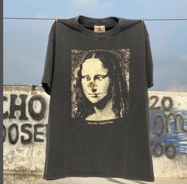 Mona Lisa "Imprisoned Soul, Longing for Freedom" Retro distressed heavyweight washed short sleeved size: S M L XL Note: Our company has applied for art copyright for this pattern, copying must be complained to the end