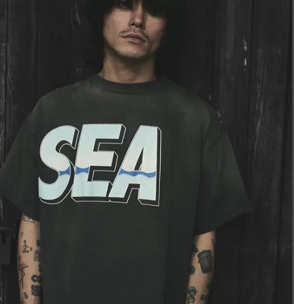 SAINT MICHAEL x WIND AND SEA TEE collaboration, Takuya Kimura upper body letter logo letter printed short sleeved T-shirt, coffee color S-XL