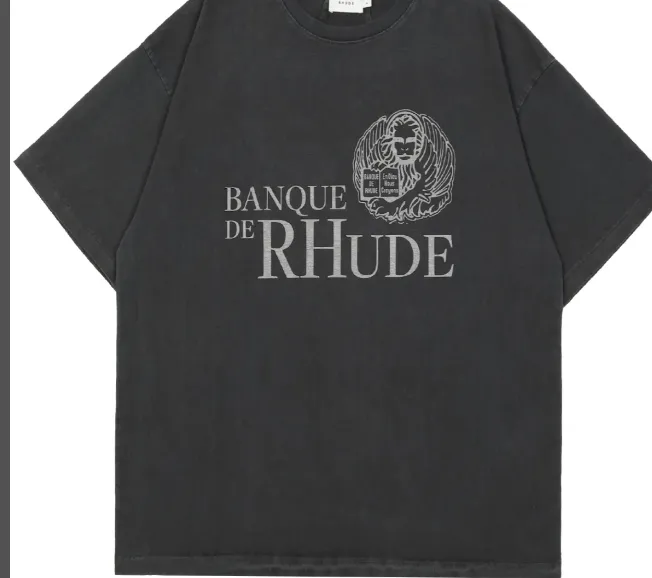 RHUDE Bank slogan logo retro short sleeved T-shirt black S-XL size