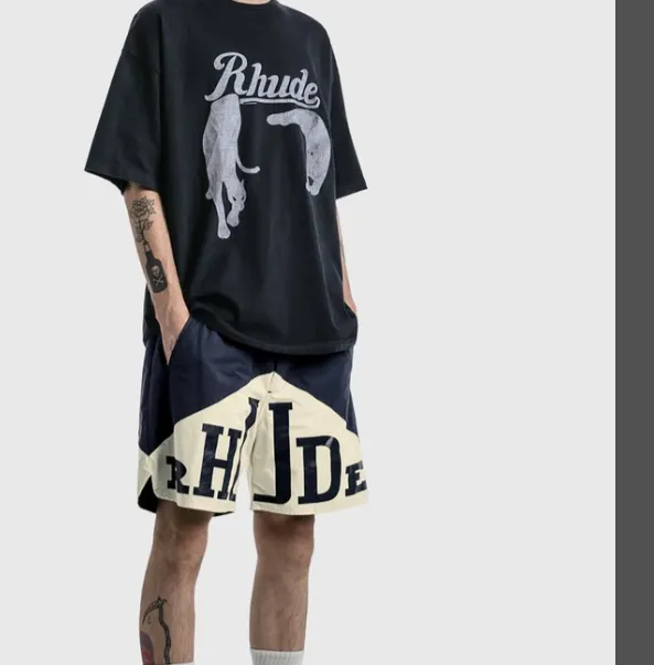 RHUDE Spring Summer Retro Night Cat Printed High Street Short sleeved T-shirt Black S-XL Size