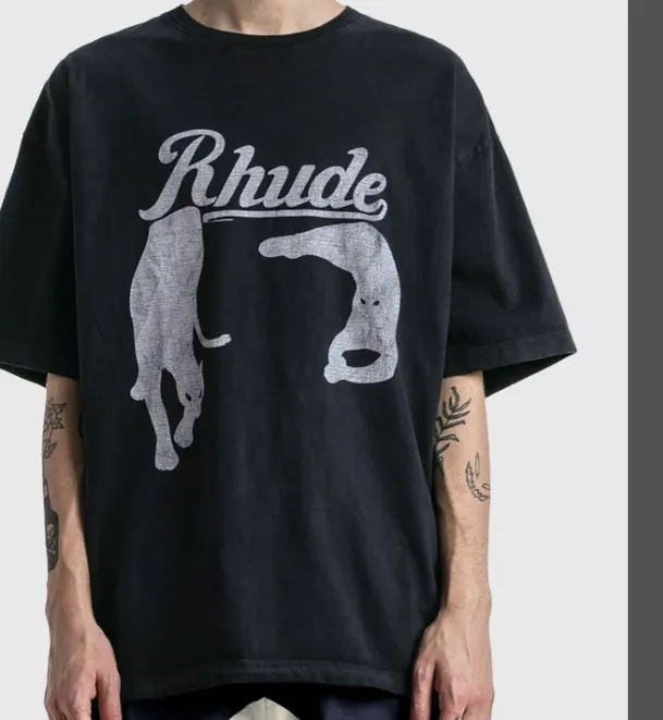 RHUDE Spring Summer Retro Night Cat Printed High Street Short sleeved T-shirt Black S-XL Size