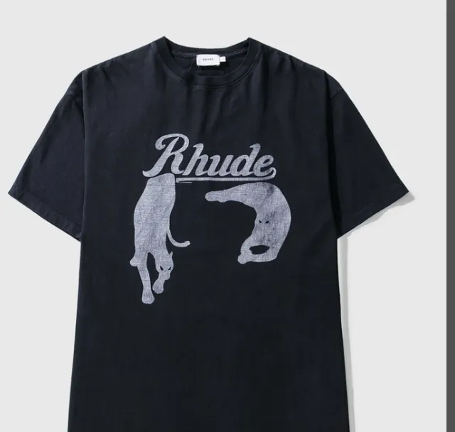 RHUDE Spring Summer Retro Night Cat Printed High Street Short sleeved T-shirt Black S-XL Size