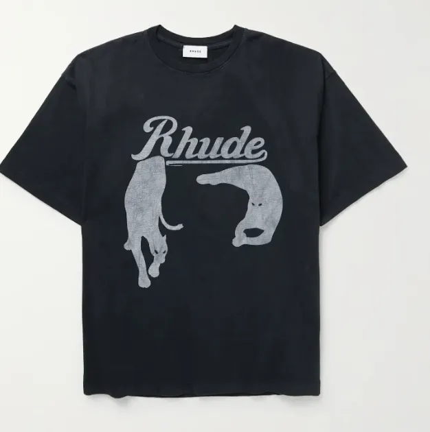 RHUDE Spring Summer Retro Night Cat Printed High Street Short sleeved T-shirt Black S-XL Size