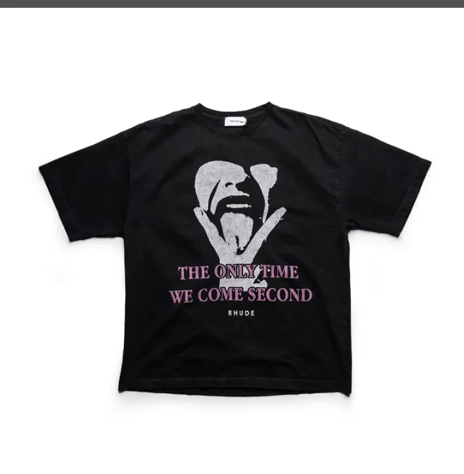 RHUDE Black 'Come Second' T-shirt Portrait Rock VINTAGE Printed Short sleeved T-shirt Black S M L XL