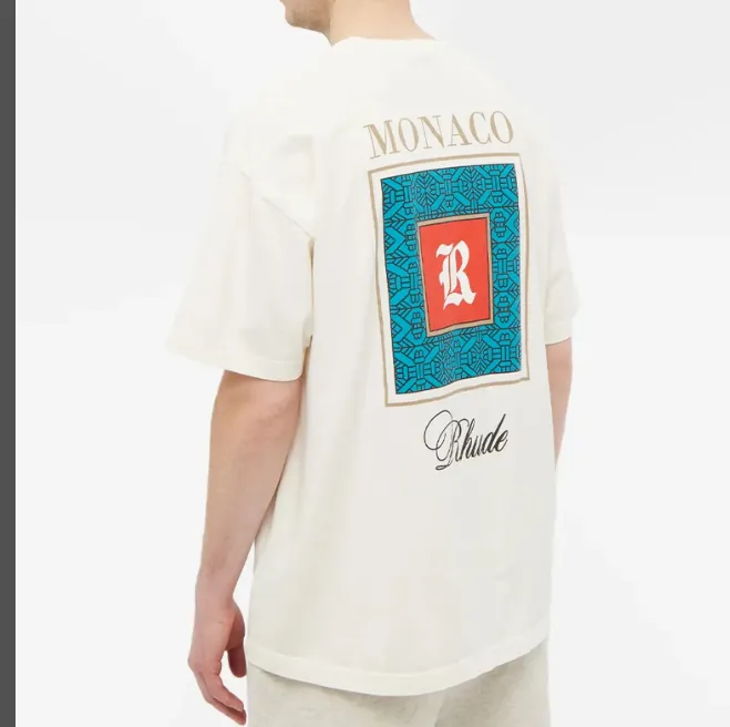 RHUDE "MONACO" PORCELINE TEE Monaco Retro Pattern English Logo Printed Short Sleeve T-shirt Black Off White S M L XL