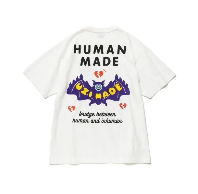 HUMAN MADE x Uzi Co branded Pink Diamond Devil Bat English Letter Printed Bamboo Cotton Cylinder Short Sleeve T-shirt White S M L XL