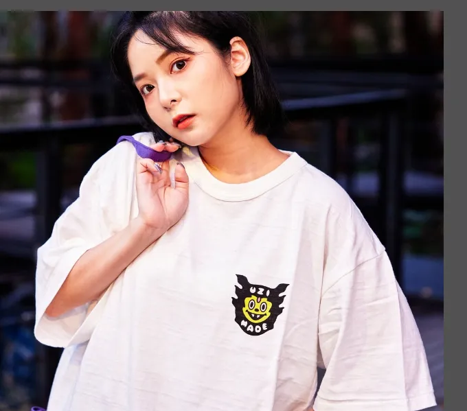 HUMAN MADE x Uzi Co branded Pink Diamond Devil Bat English Letter Printed Bamboo Cotton Cylinder Short Sleeve T-shirt White S M L XL