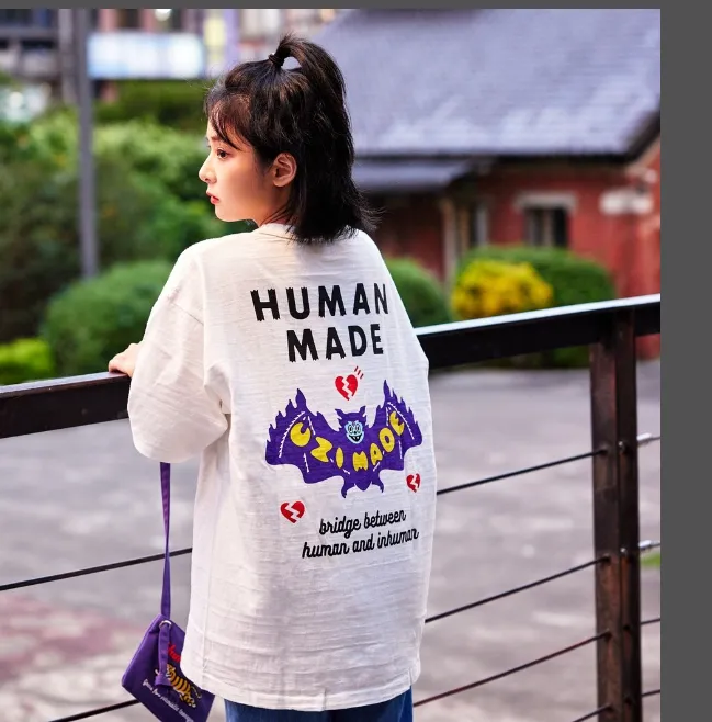 HUMAN MADE x Uzi Co branded Pink Diamond Devil Bat English Letter Printed Bamboo Cotton Cylinder Short Sleeve T-shirt White S M L XL