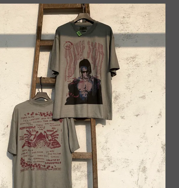 Travis Scott Tour Portrait White Ink Direct Spray Print West Coast Hip Hop Style Version Heavy Weight Aging Laundry Craftsmanship High Street Short Sleeve Special Cement Grey Texture Invincible Texture Size: S M L XL