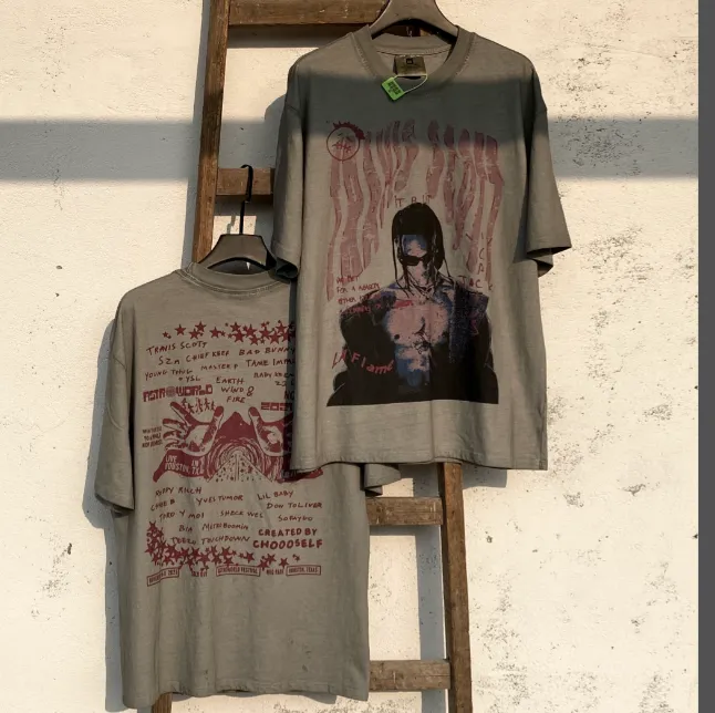 Travis Scott Tour Portrait White Ink Direct Spray Print West Coast Hip Hop Style Version Heavy Weight Aging Laundry Craftsmanship High Street Short Sleeve Special Cement Grey Texture Invincible Texture Size: S M L XL