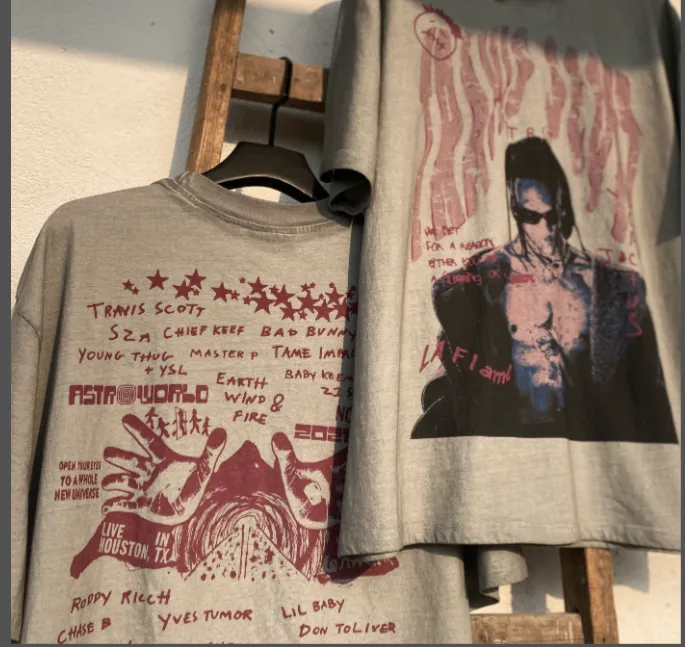 Travis Scott Tour Portrait White Ink Direct Spray Print West Coast Hip Hop Style Version Heavy Weight Aging Laundry Craftsmanship High Street Short Sleeve Special Cement Grey Texture Invincible Texture Size: S M L XL