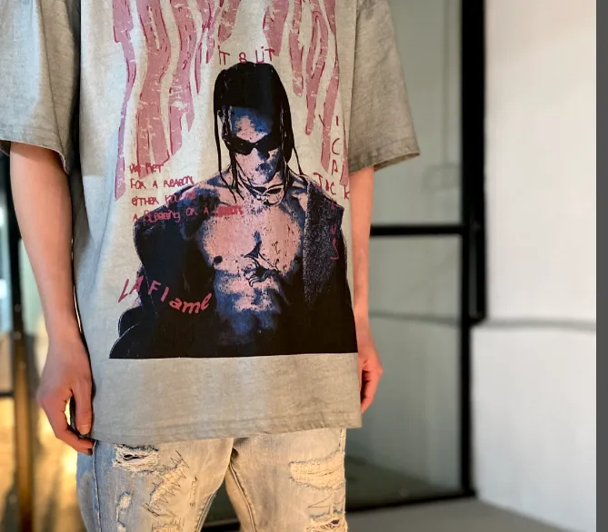 Travis Scott Tour Portrait White Ink Direct Spray Print West Coast Hip Hop Style Version Heavy Weight Aging Laundry Craftsmanship High Street Short Sleeve Special Cement Grey Texture Invincible Texture Size: S M L XL