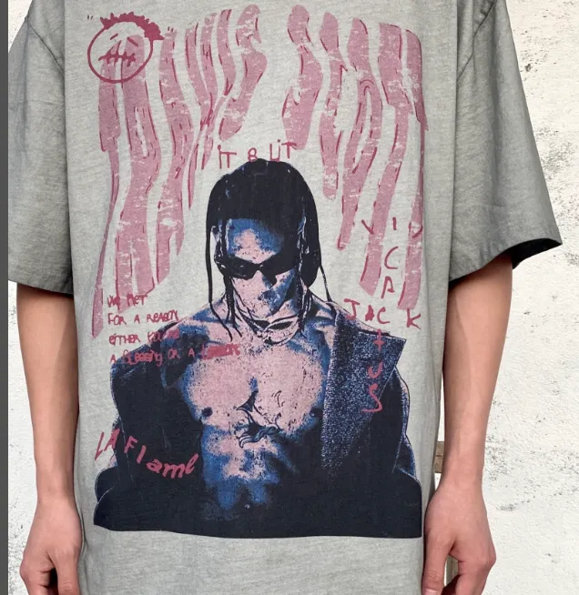 Travis Scott Tour Portrait White Ink Direct Spray Print West Coast Hip Hop Style Version Heavy Weight Aging Laundry Craftsmanship High Street Short Sleeve Special Cement Grey Texture Invincible Texture Size: S M L XL