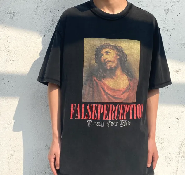 Heavy duty Washed Water Wear Back Jesus Portrait Vintage Tee High end White Ink Direct Spray Print Size: S M L XL