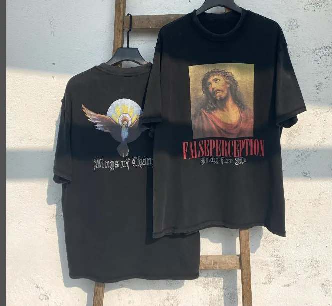 Heavy duty Washed Water Wear Back Jesus Portrait Vintage Tee High end White Ink Direct Spray Print Size: S M L XL