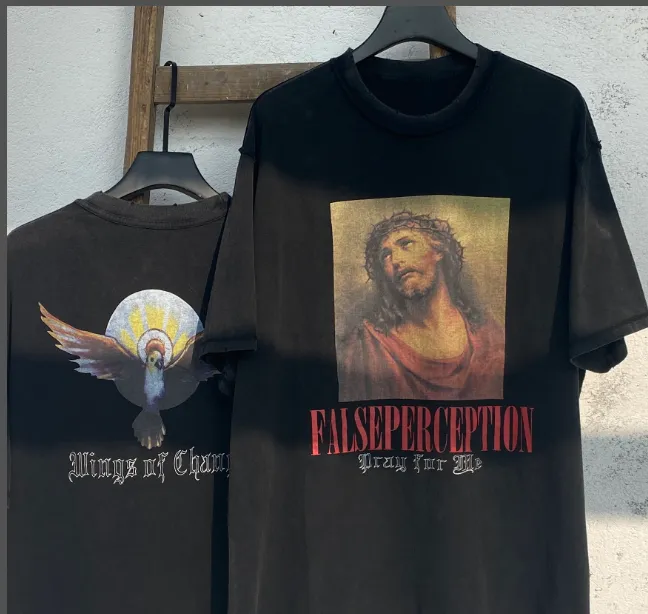 Heavy duty Washed Water Wear Back Jesus Portrait Vintage Tee High end White Ink Direct Spray Print Size: S M L XL