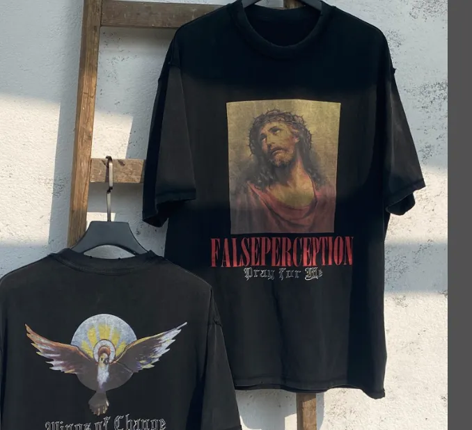 Heavy duty Washed Water Wear Back Jesus Portrait Vintage Tee High end White Ink Direct Spray Print Size: S M L XL