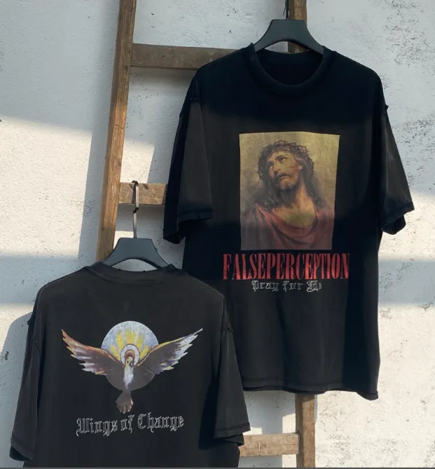 Heavy duty Washed Water Wear Back Jesus Portrait Vintage Tee High end White Ink Direct Spray Print Size: S M L XL