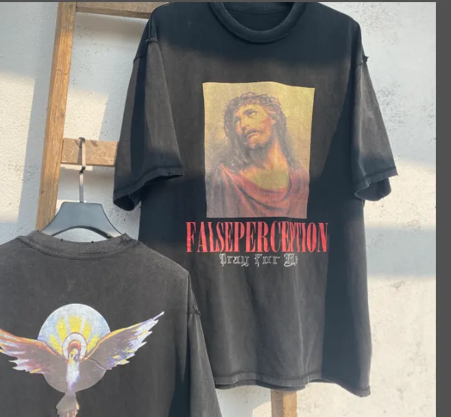 Heavy duty Washed Water Wear Back Jesus Portrait Vintage Tee High end White Ink Direct Spray Print Size: S M L XL