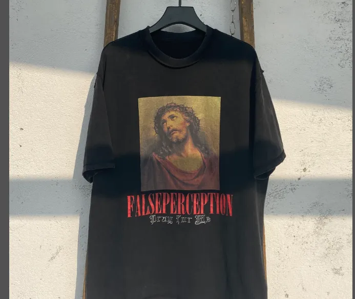 Heavy duty Washed Water Wear Back Jesus Portrait Vintage Tee High end White Ink Direct Spray Print Size: S M L XL