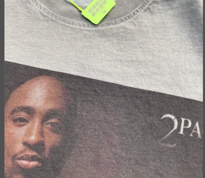 Salute 2PAC Portrait White Ink Direct Spray Printing West Coast Hip Hop Style Version Heavy Weight Aging Washing Craft High Street Short Sleeve Special Cement Grey Texture Invincible Texture Size: S M L XL