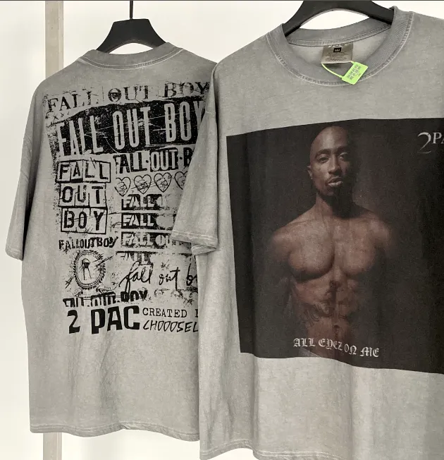 Salute 2PAC Portrait White Ink Direct Spray Printing West Coast Hip Hop Style Version Heavy Weight Aging Washing Craft High Street Short Sleeve Special Cement Grey Texture Invincible Texture Size: S M L XL