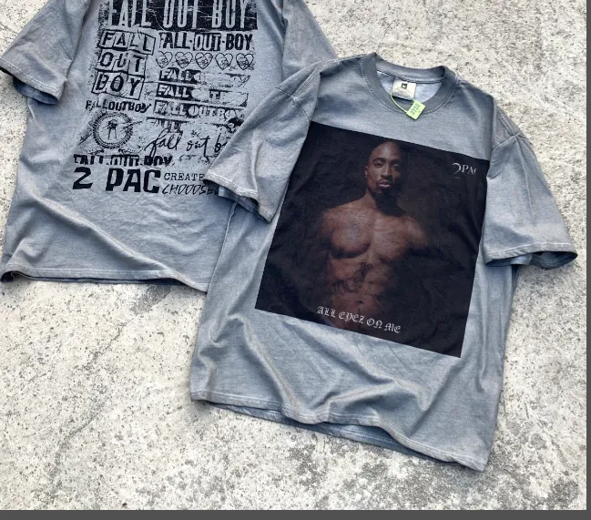 Salute 2PAC Portrait White Ink Direct Spray Printing West Coast Hip Hop Style Version Heavy Weight Aging Washing Craft High Street Short Sleeve Special Cement Grey Texture Invincible Texture Size: S M L XL