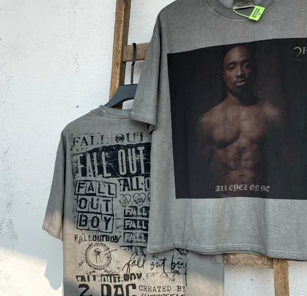 Salute 2PAC Portrait White Ink Direct Spray Printing West Coast Hip Hop Style Version Heavy Weight Aging Washing Craft High Street Short Sleeve Special Cement Grey Texture Invincible Texture Size: S M L XL