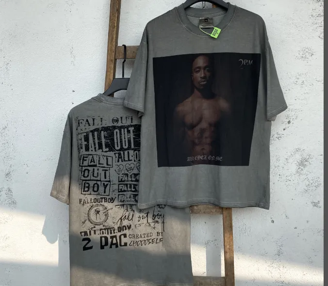 Salute 2PAC Portrait White Ink Direct Spray Printing West Coast Hip Hop Style Version Heavy Weight Aging Washing Craft High Street Short Sleeve Special Cement Grey Texture Invincible Texture Size: S M L XL