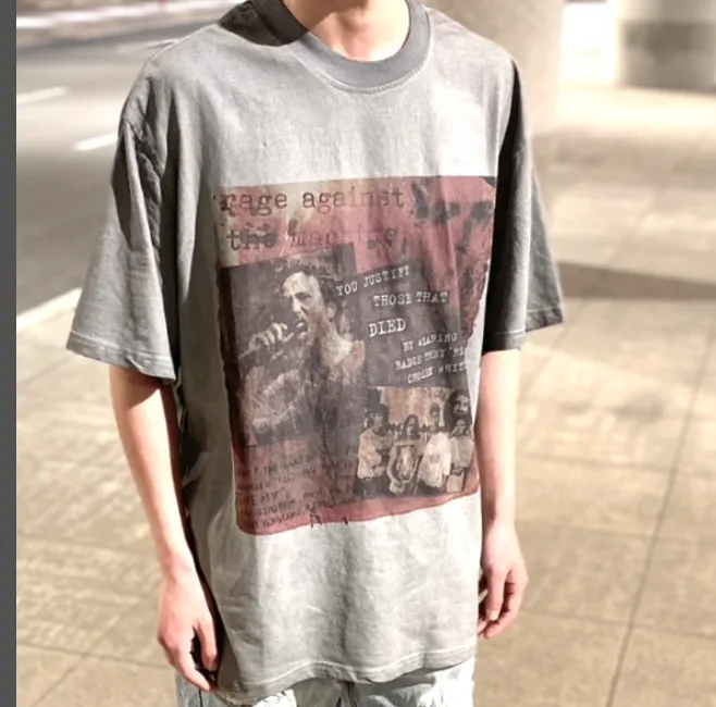 Bieber Tour Purpose Tour Tribute to RAGE AGANST "Battle of Los Angeles" Limited Edition Heavy Aging Washwater Craft High Street Short Sleeves Special Cement Grey Texture Invincible Texture Size: S M L XL