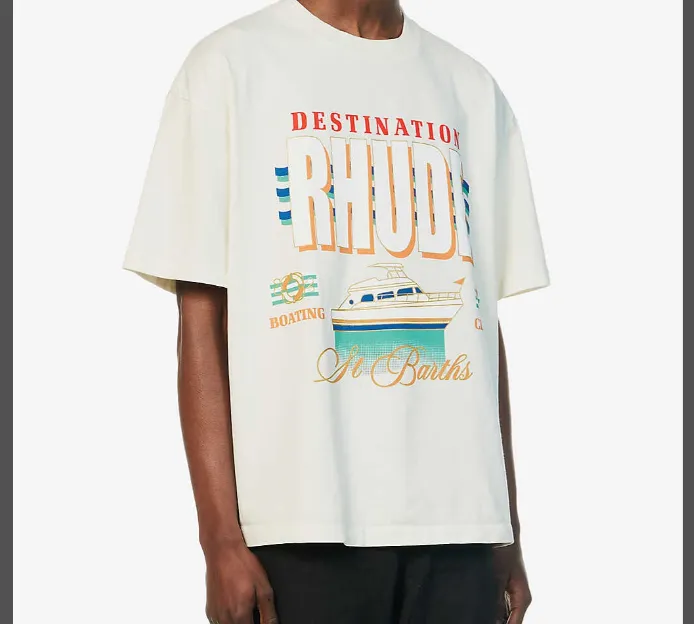 RHUDE DESTIATION LOGO TEE Sailing Cruise Wave Printed Round Neck Short Sleeve T-shirt in beige S M L XL