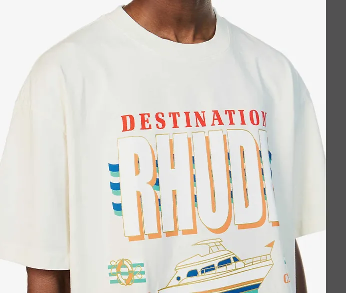 RHUDE DESTIATION LOGO TEE Sailing Cruise Wave Printed Round Neck Short Sleeve T-shirt in beige S M L XL