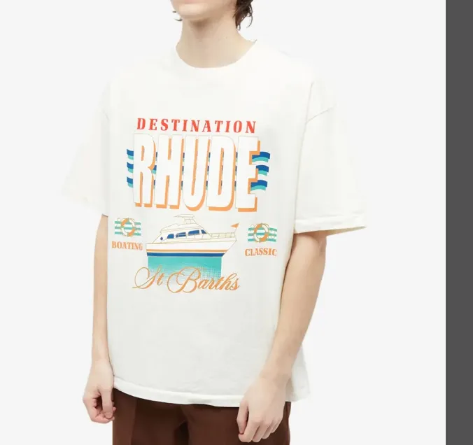 RHUDE DESTIATION LOGO TEE Sailing Cruise Wave Printed Round Neck Short Sleeve T-shirt in beige S M L XL